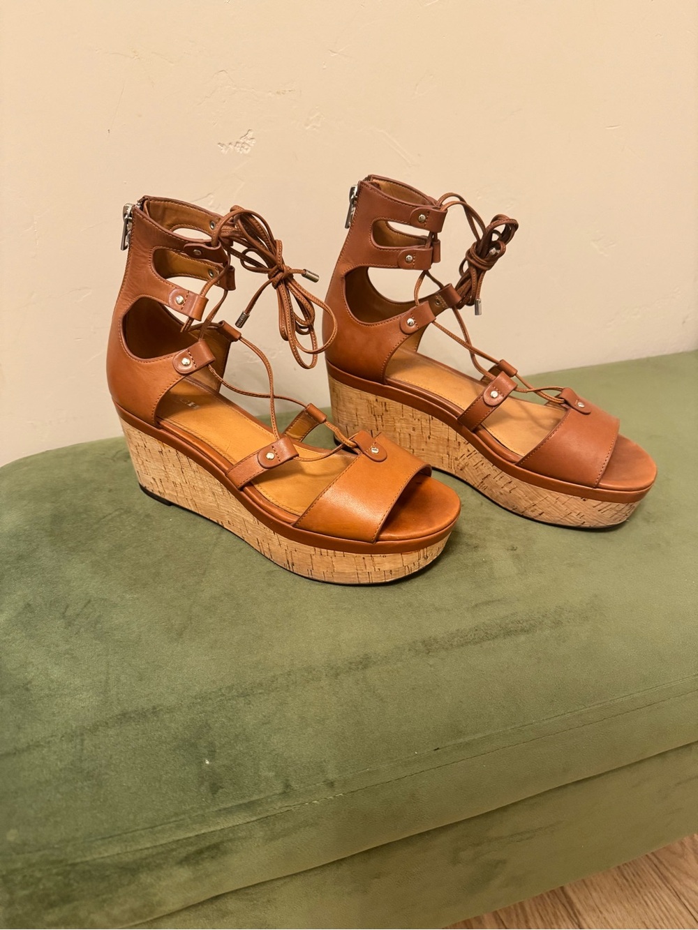 Coach Tan Leather Lace-Up Cork Wedge Sandals